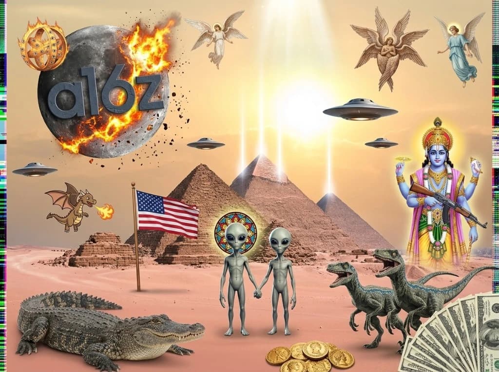 Alien-disclosure conspiracy collage with the a16z logo carved into the surface of the exploding moon in the upper-left as fire bursts out around it โ desert sky behind the Egyptian pyramids, gray aliens hand-in-hand on the sand, American flag, alligator, raptors, blue-skinned hindu deity holding a rifle, dragon, UFO saucers, gold coins and a fan of hundred-dollar bills as chaos extras